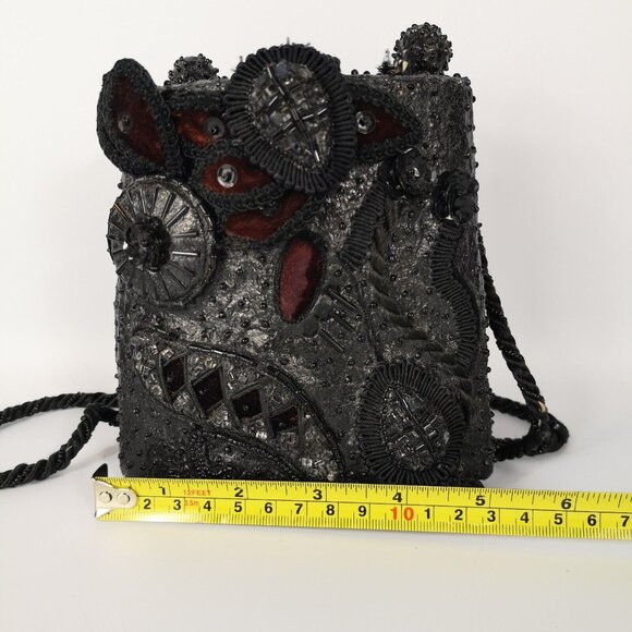 VTG Mary Frances Black Burgundy Velvet Embellished Beaded Small Shoulder Bag - Picture 16 of 16